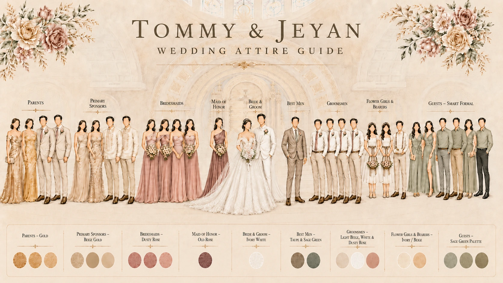 Illustrated attire guide showing the wedding palette from parents in gold through bridesmaids in dusty rose, groomsmen with sage ties, to guests in sage-green pastel.